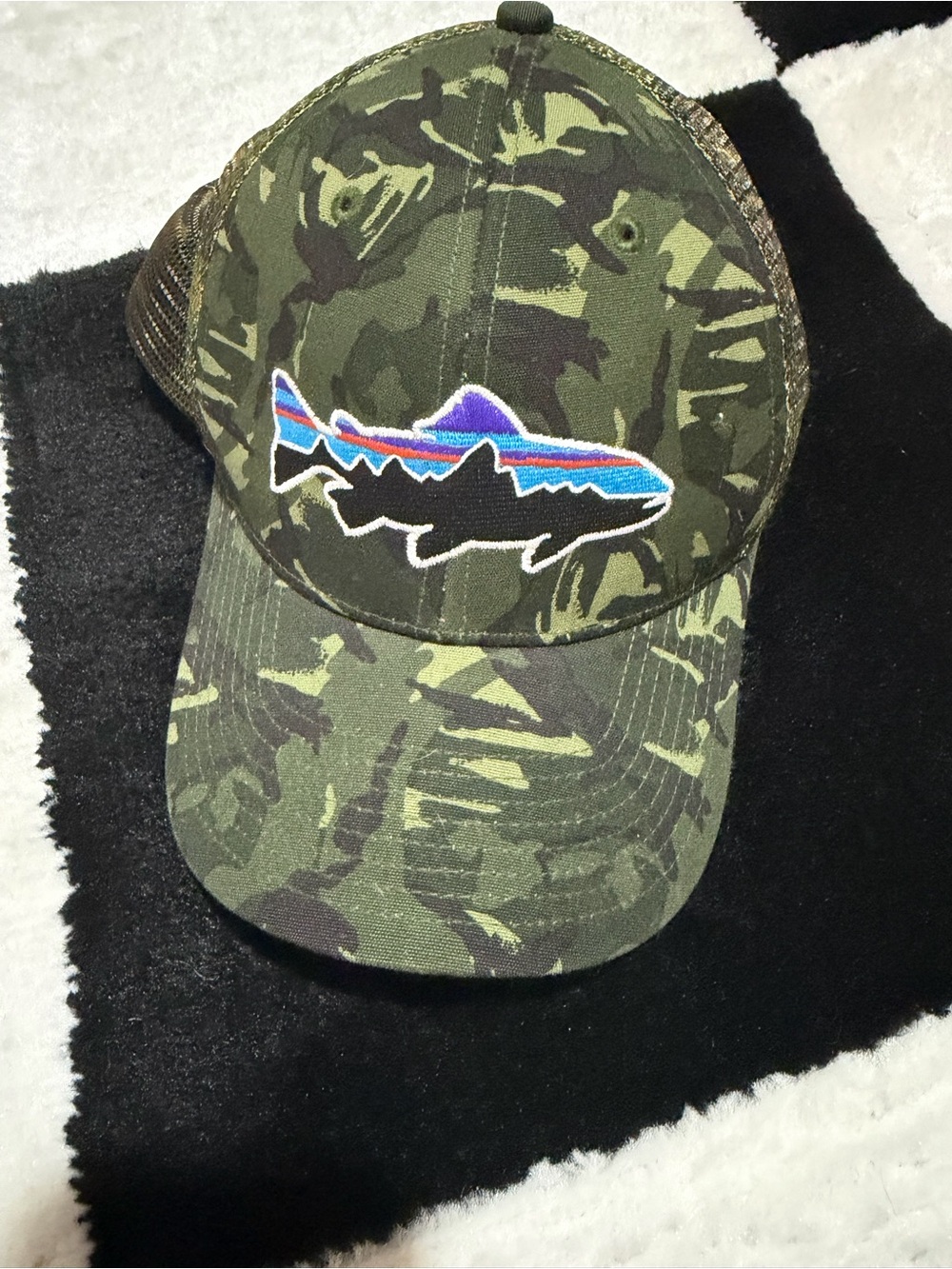 Patagonia Camo Trucker Hat with Multicolor Fish Patch